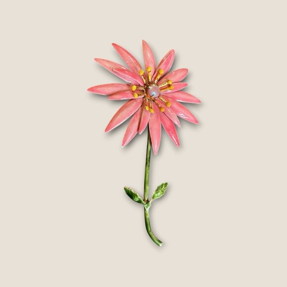 Vintage Metal Enamel Pink & Green Flower Brooch Pin 3.5” - Picture 2 of 3